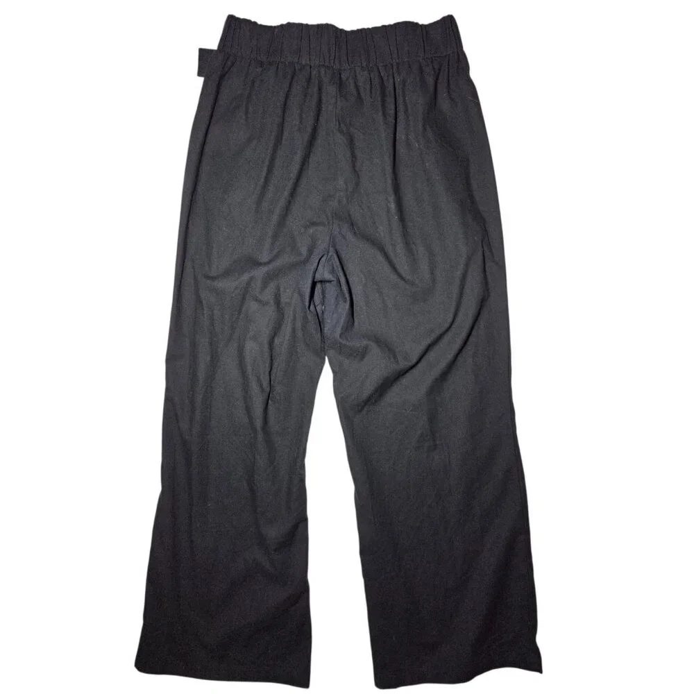 Cisono Black Wide Leg Pleated Linen Black Belted Pull On Pants Elastic Waist L